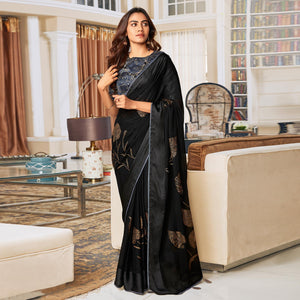 Black Printed Art Silk Saree With Tassels - Peachmode