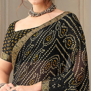 Black Printed Chiffon Saree with Banarasi Border - Peachmode