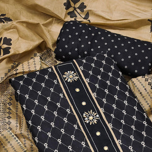 Black Printed Cotton Dress Material - Peachmode