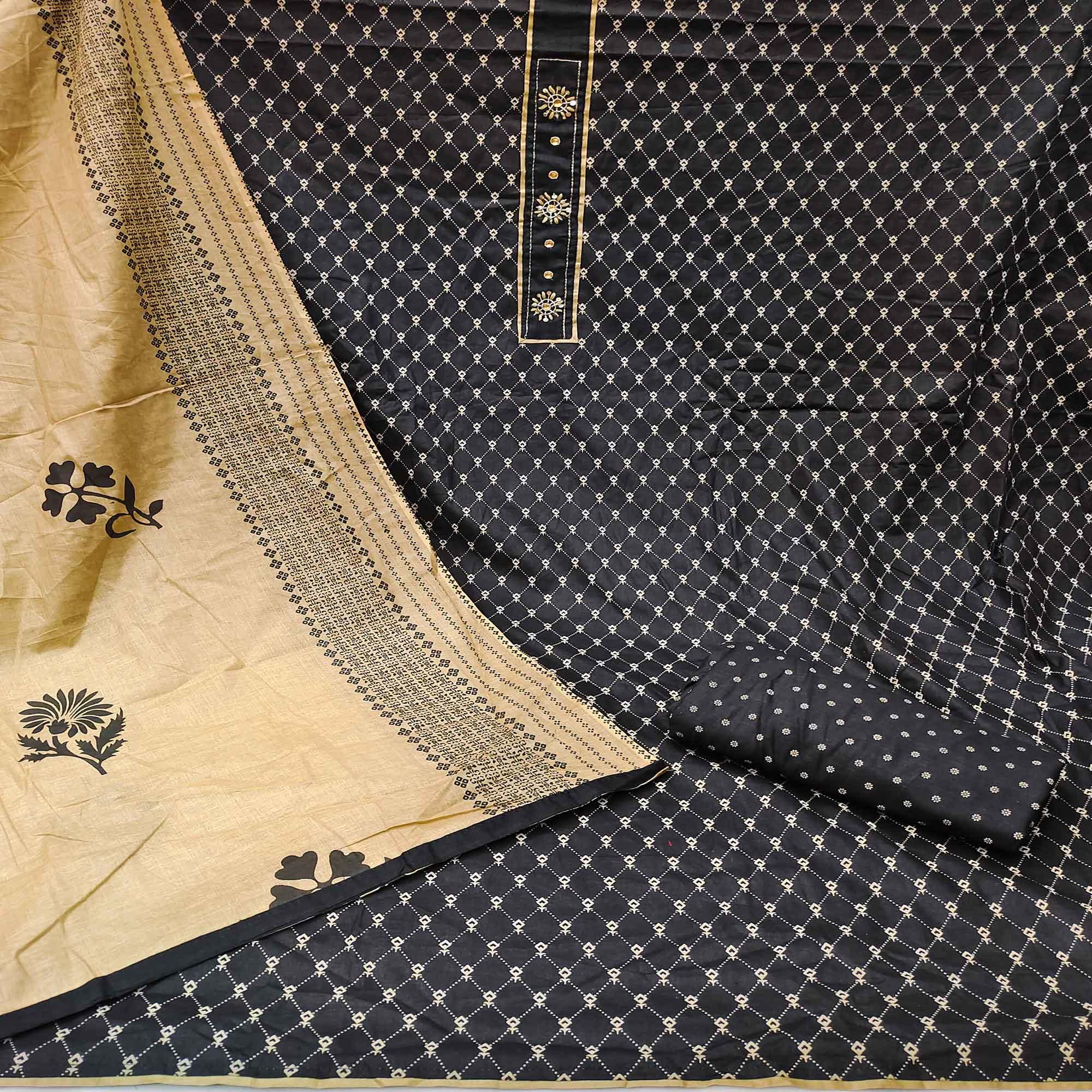 Black Printed Cotton Dress Material - Peachmode