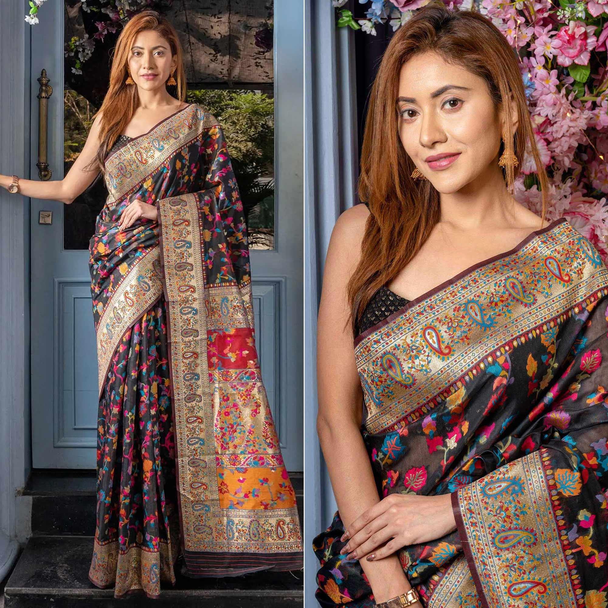 Black Printed Cotton Silk Saree - Peachmode