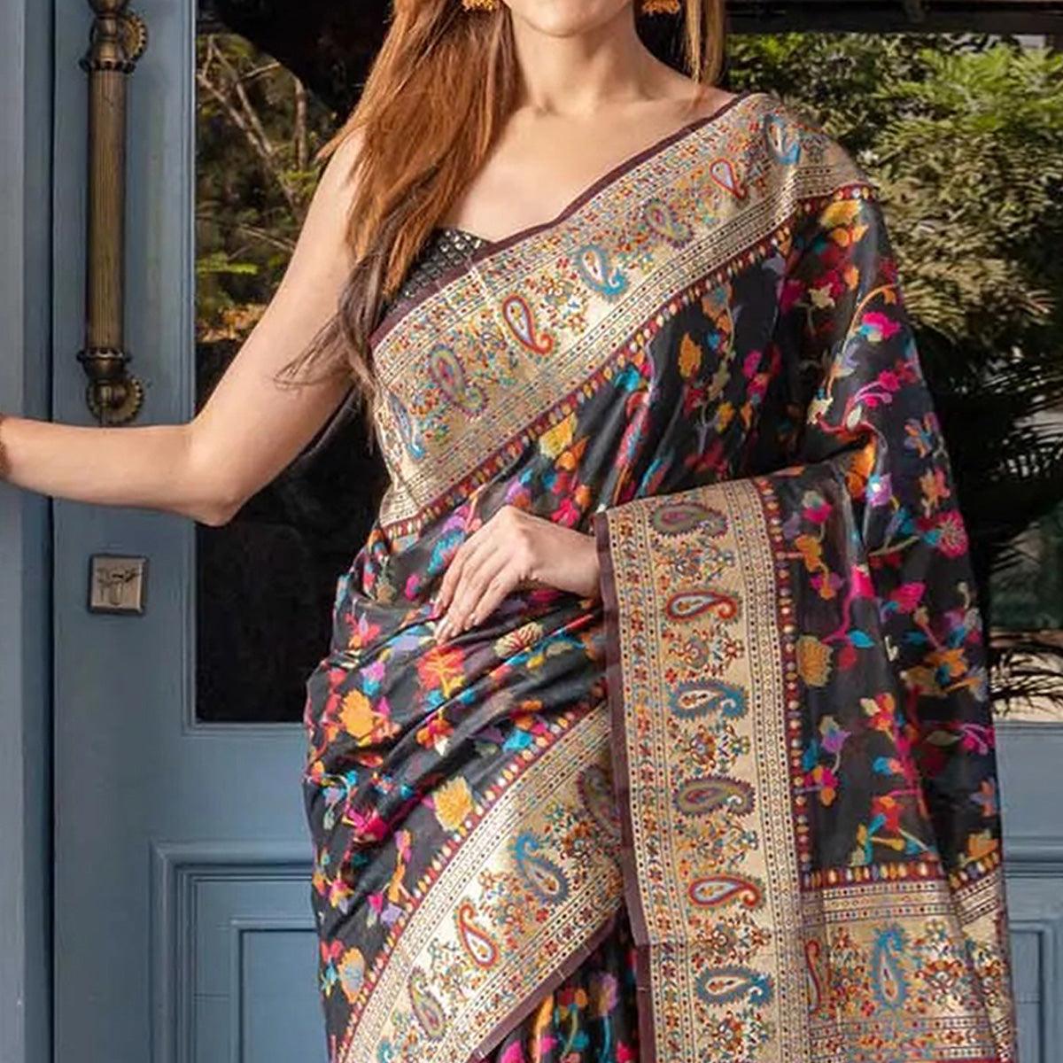 Black Printed Cotton Silk Saree - Peachmode