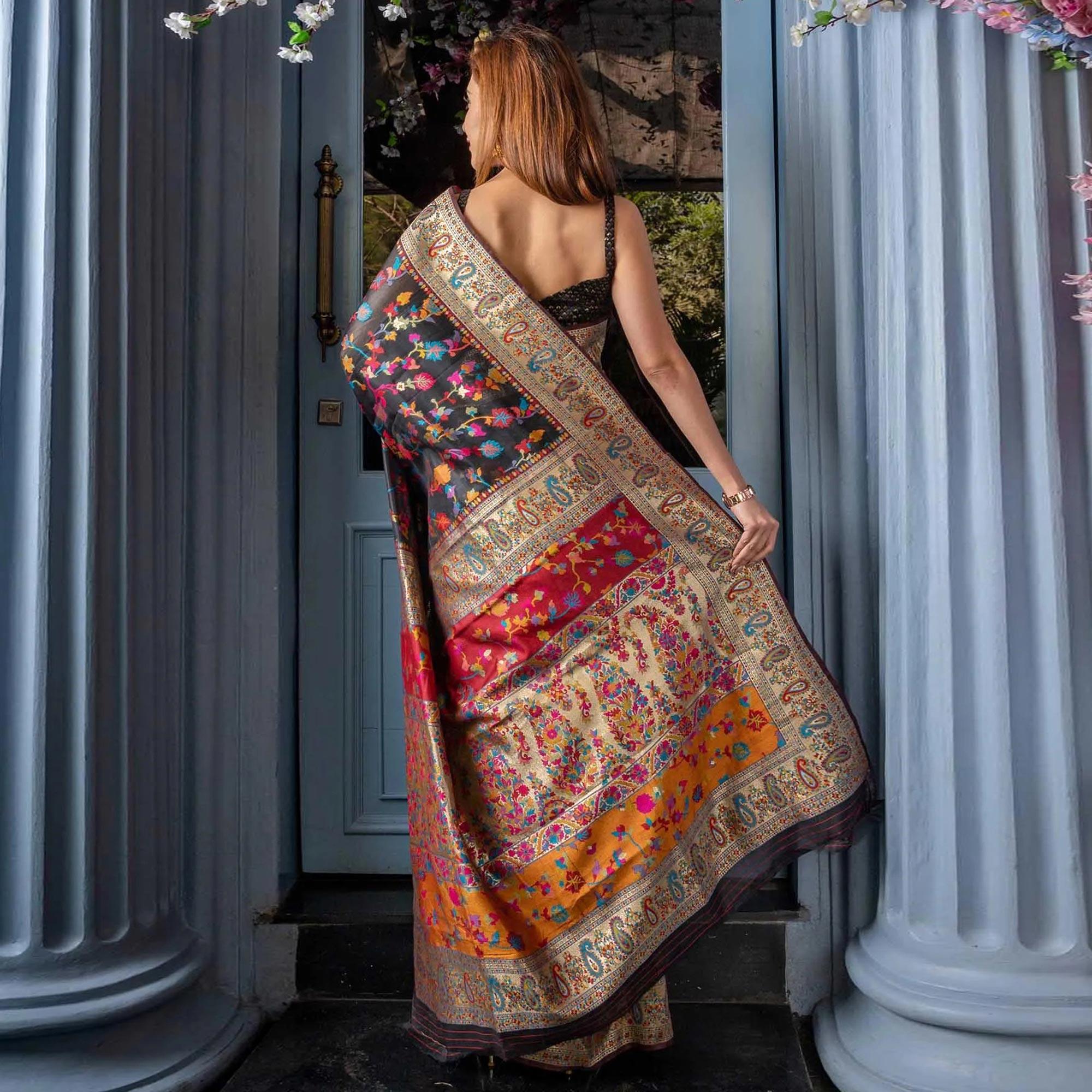 Black Printed Cotton Silk Saree - Peachmode