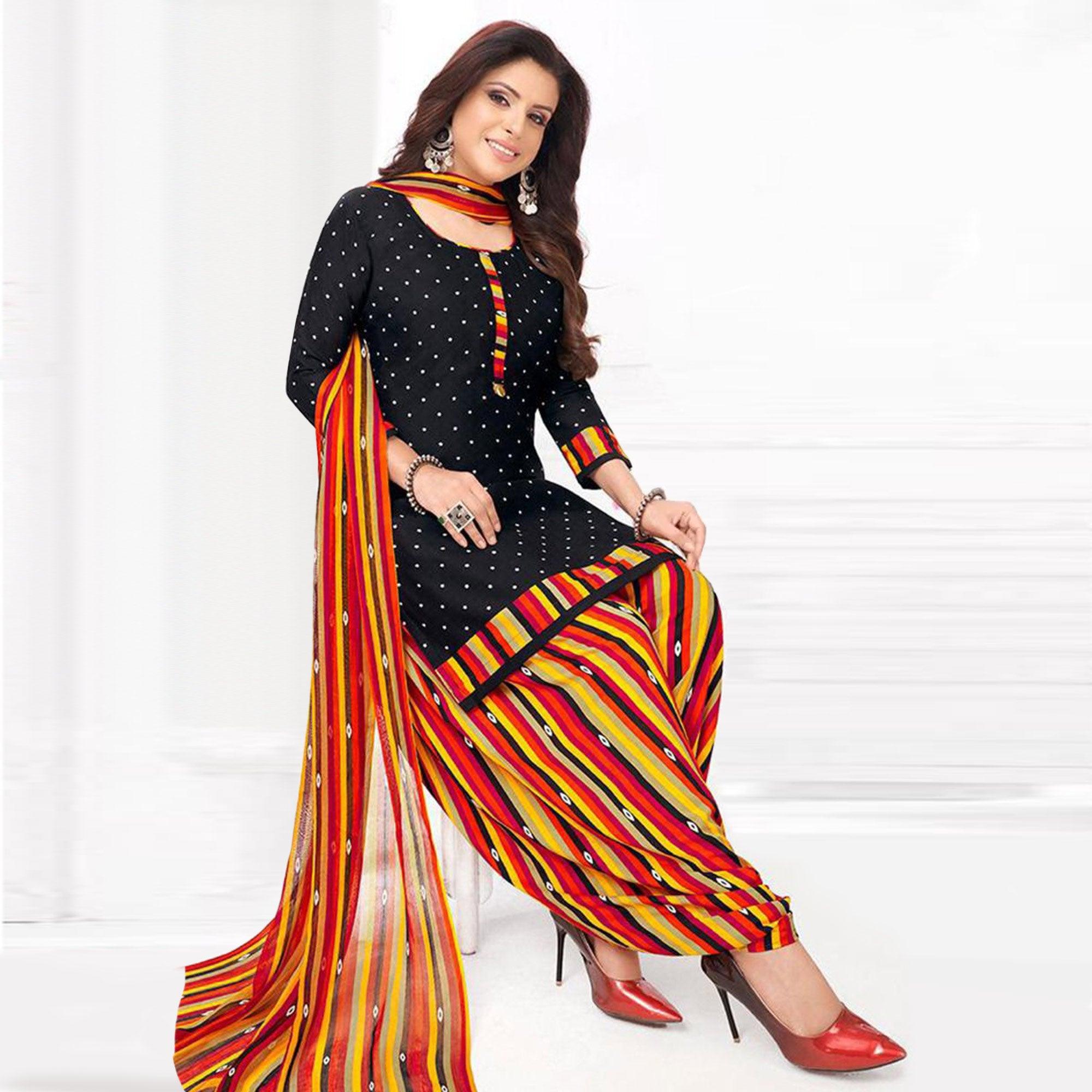 Black Printed Crepe Patiala Dress Material - Peachmode