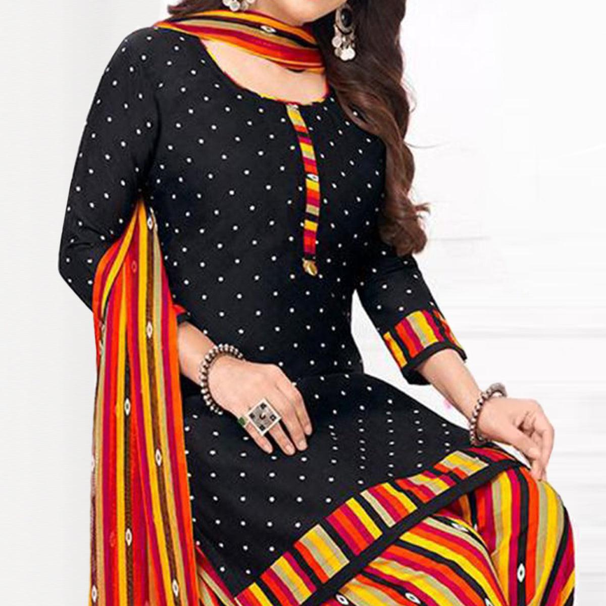 Black Printed Crepe Patiala Dress Material - Peachmode