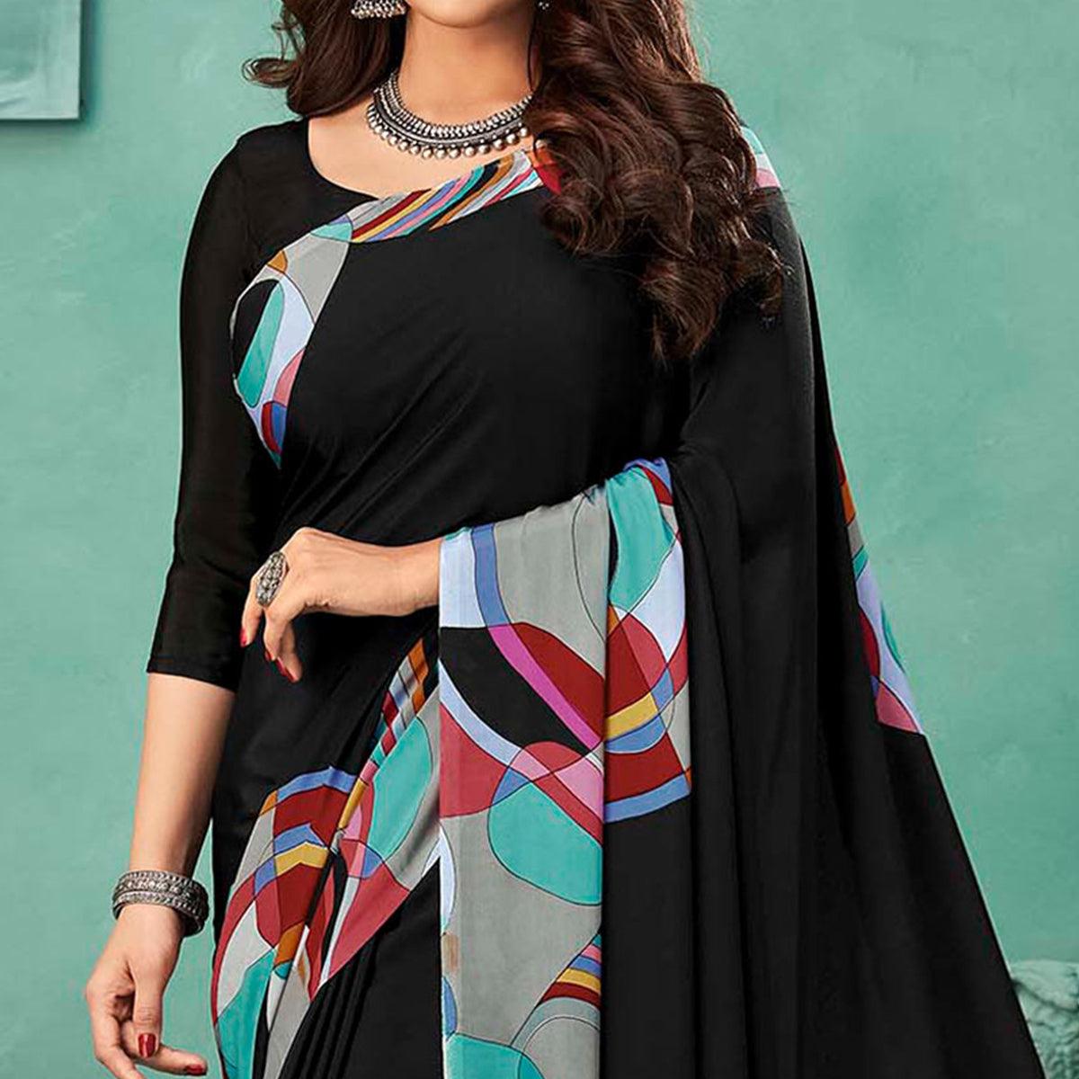 Black Printed Crepe Saree - Peachmode