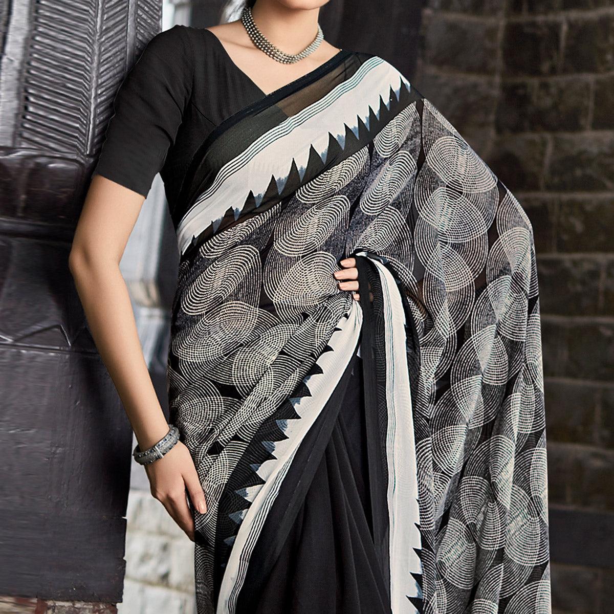 Black Printed Geoergette Saree - Peachmode