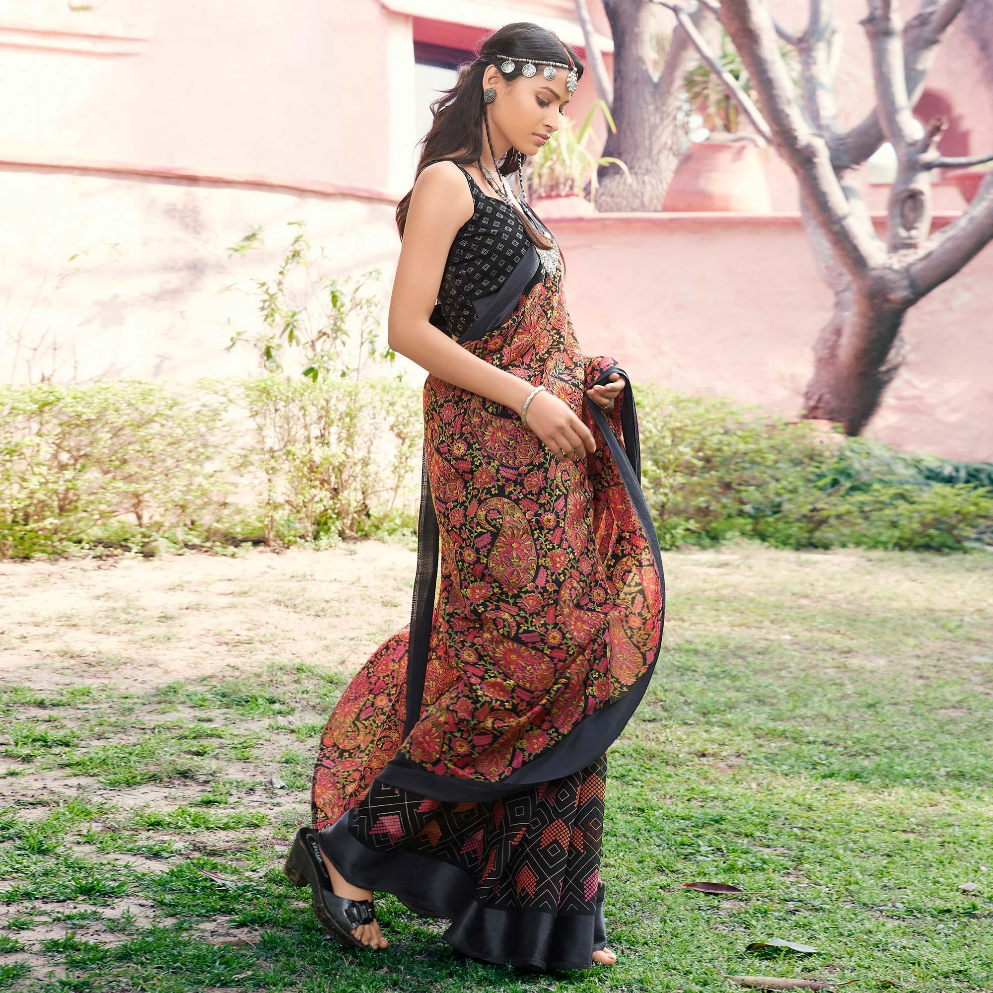 Black Printed Half & Half Linen Saree - Peachmode