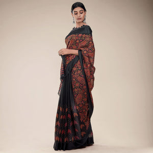 Black Printed Half & Half Linen Saree - Peachmode