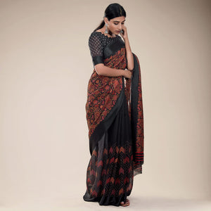 Black Printed Half & Half Linen Saree - Peachmode