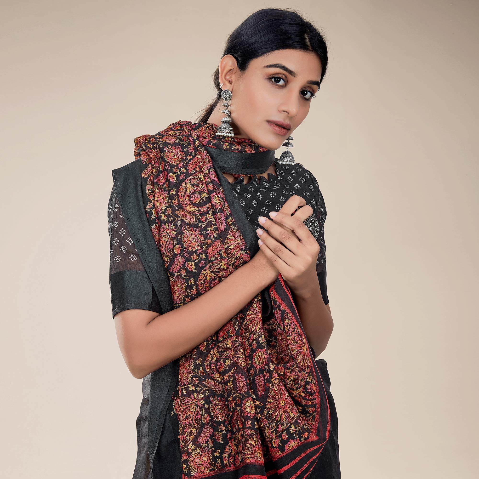 Black Printed Half & Half Linen Saree - Peachmode