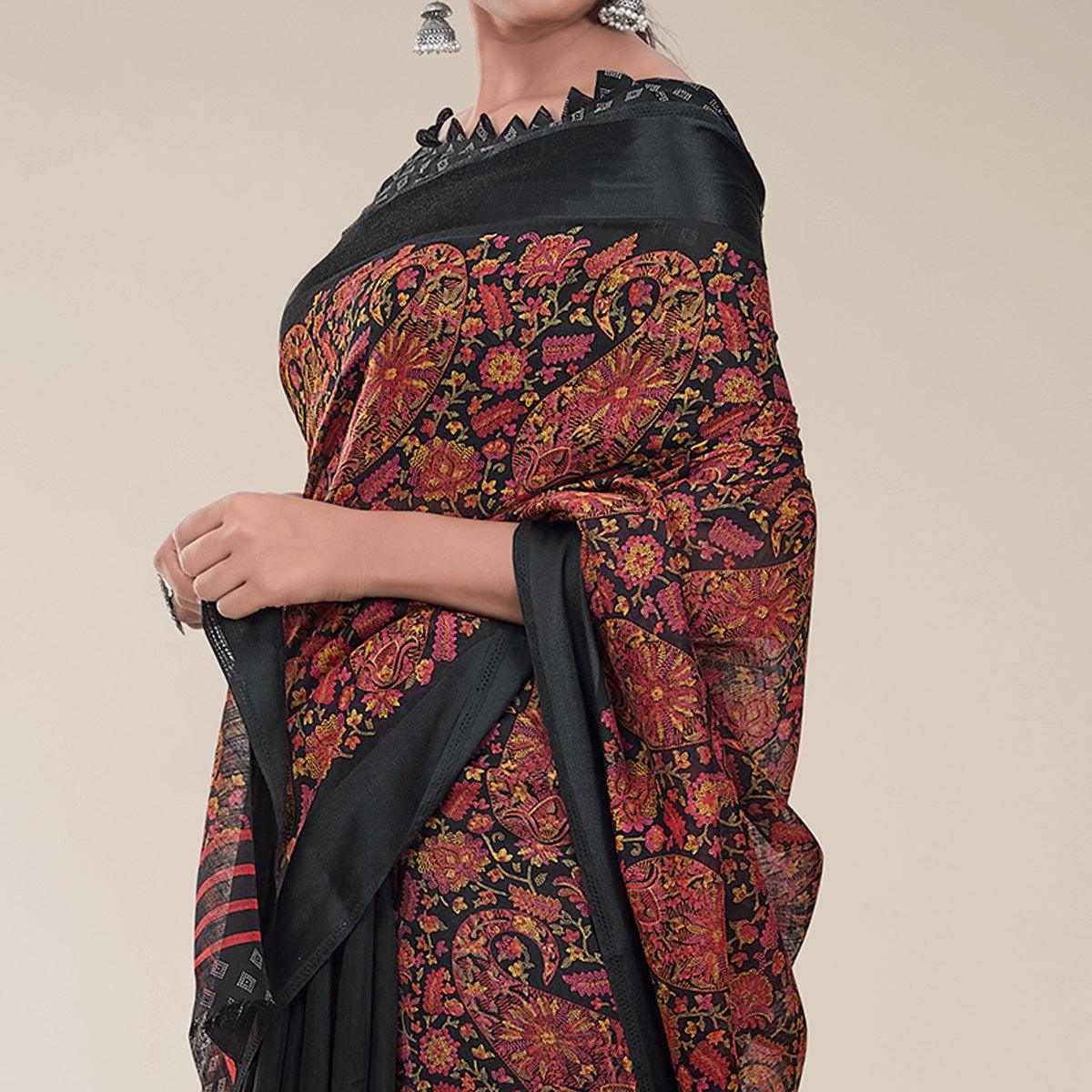 Black Printed Half & Half Linen Saree - Peachmode