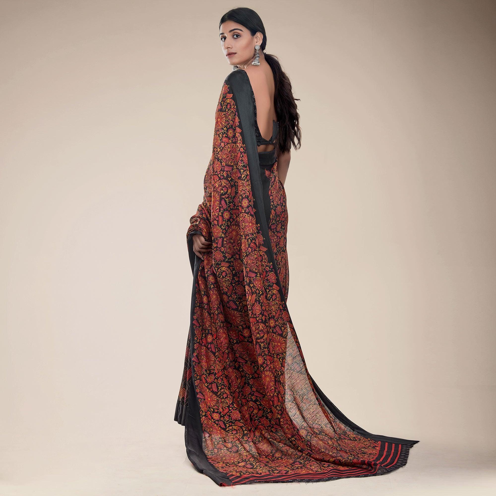 Black Printed Half & Half Linen Saree - Peachmode