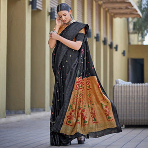 Black Printed Jute Saree - Peachmode
