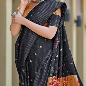 Black Printed Jute Saree - Peachmode