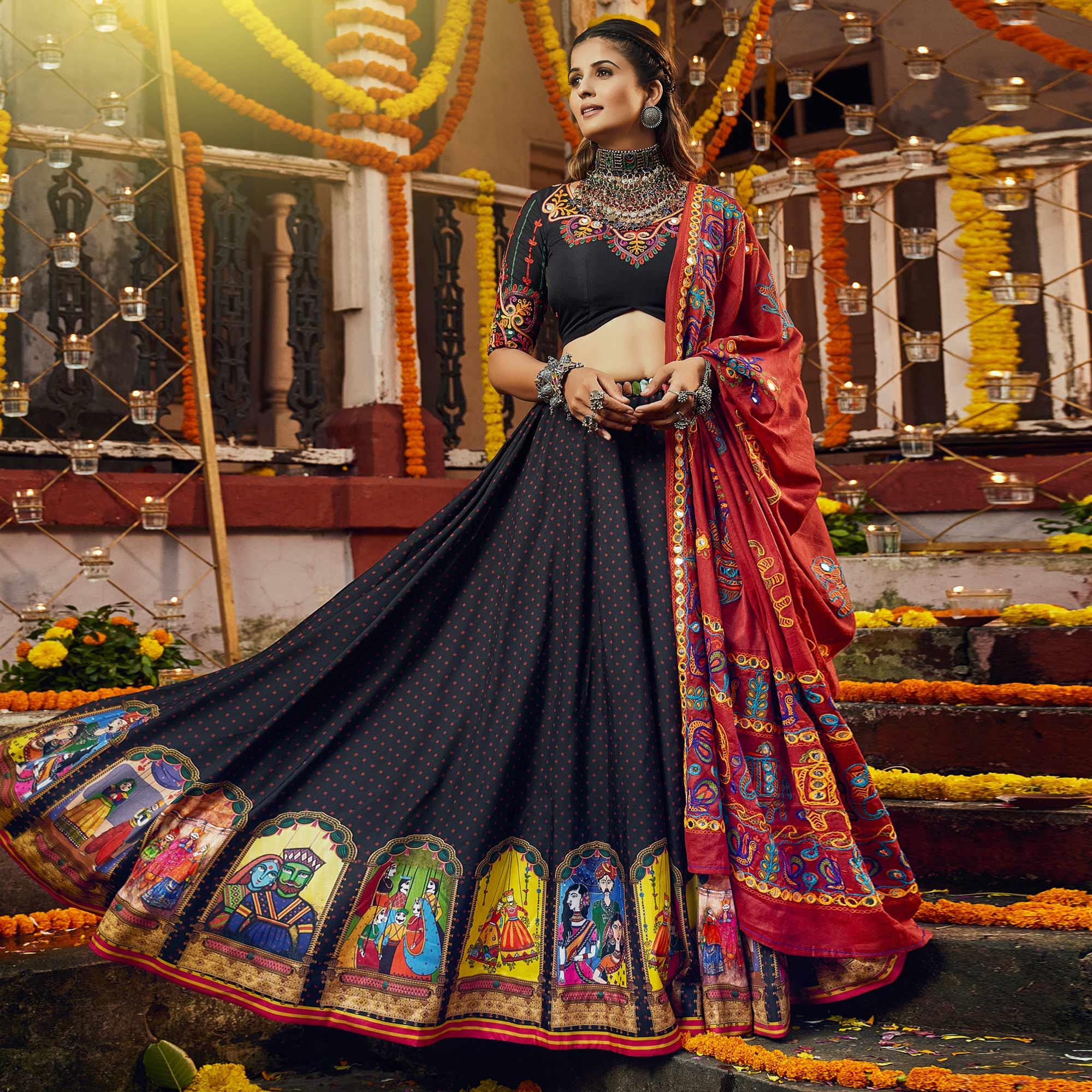 Black Printed Muslin Lehenga Choli - Peachmode