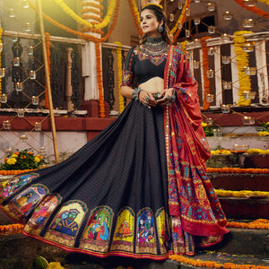 Black Printed Muslin Lehenga Choli - Peachmode