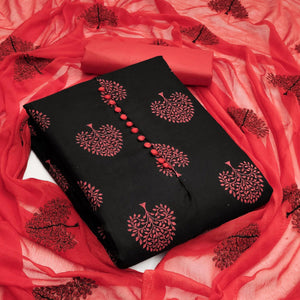 Black Printed Poly Cotton Dress Material - Peachmode