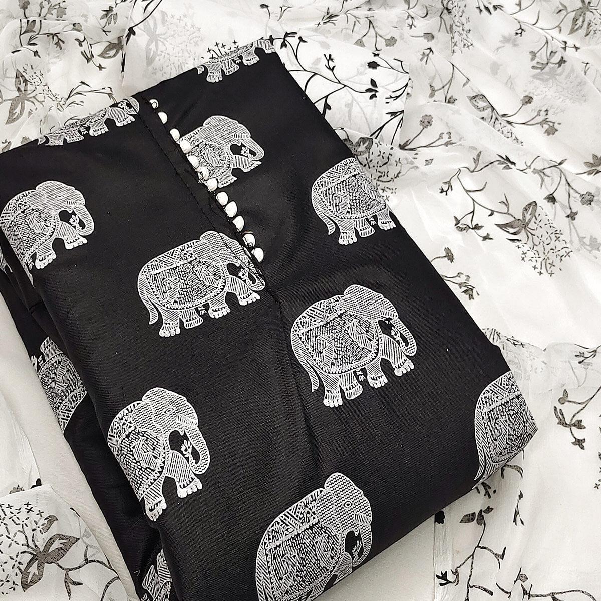 Black Printed Poly Cotton Dress Material - Peachmode