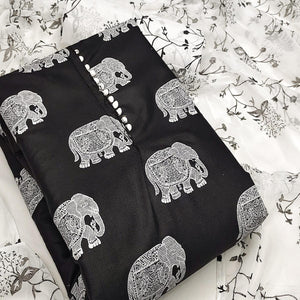 Black Printed Poly Cotton Dress Material - Peachmode