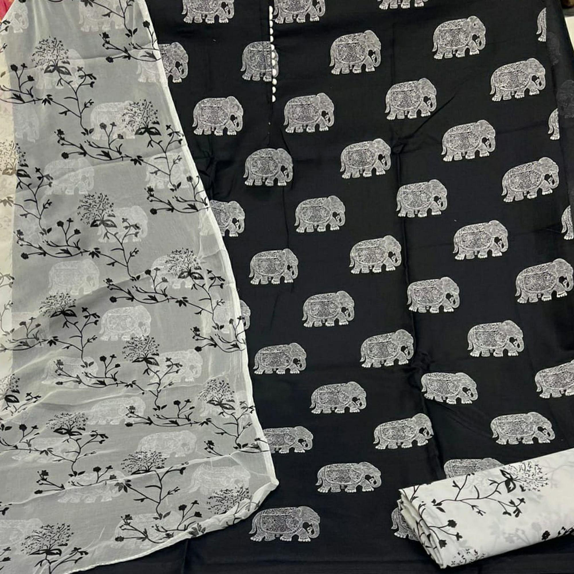 Black Printed Poly Cotton Dress Material - Peachmode