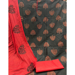Black Printed Poly Cotton Dress Material - Peachmode