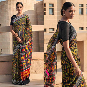 Black Printed Poly Cotton Saree - Peachmode