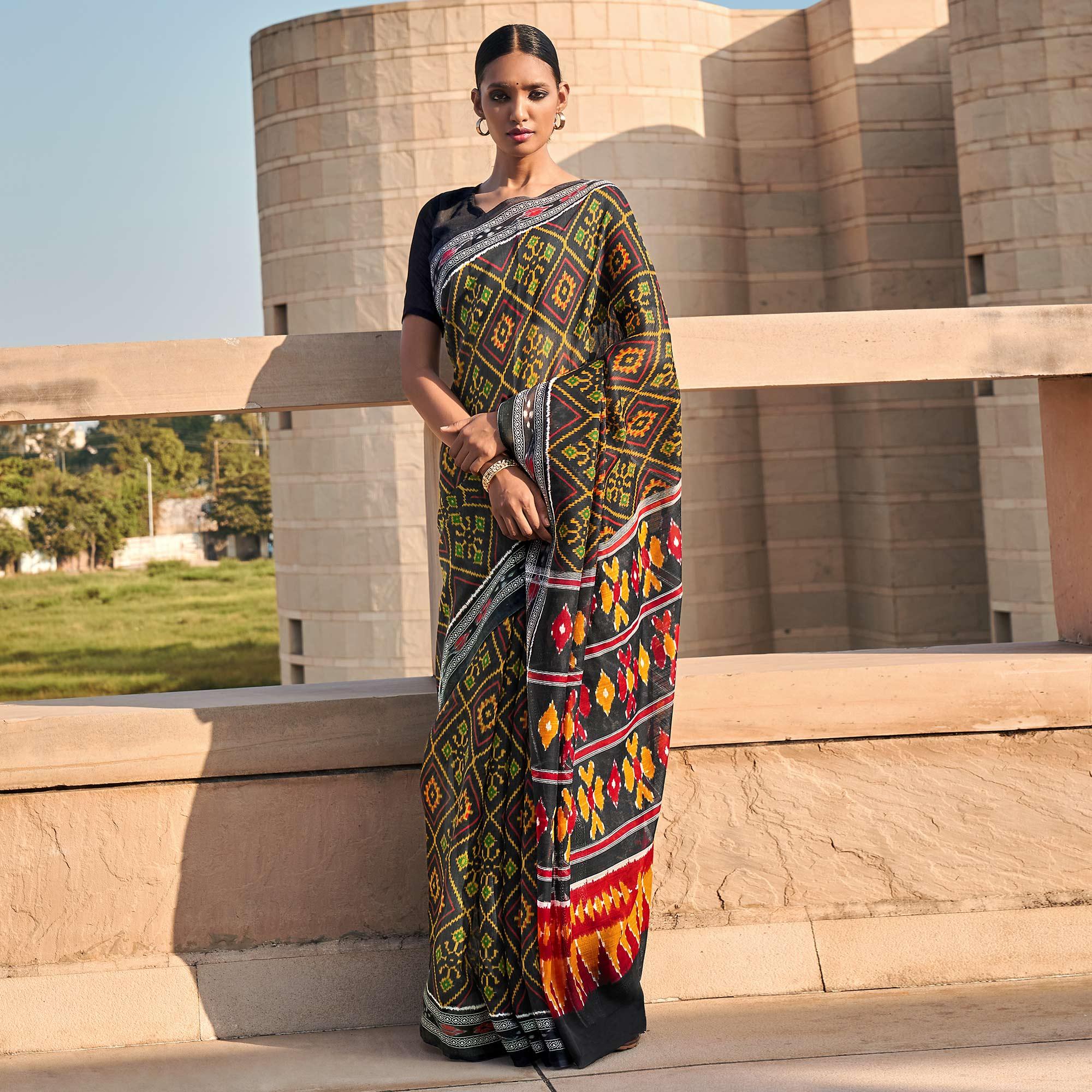 Black Printed Poly Cotton Saree - Peachmode