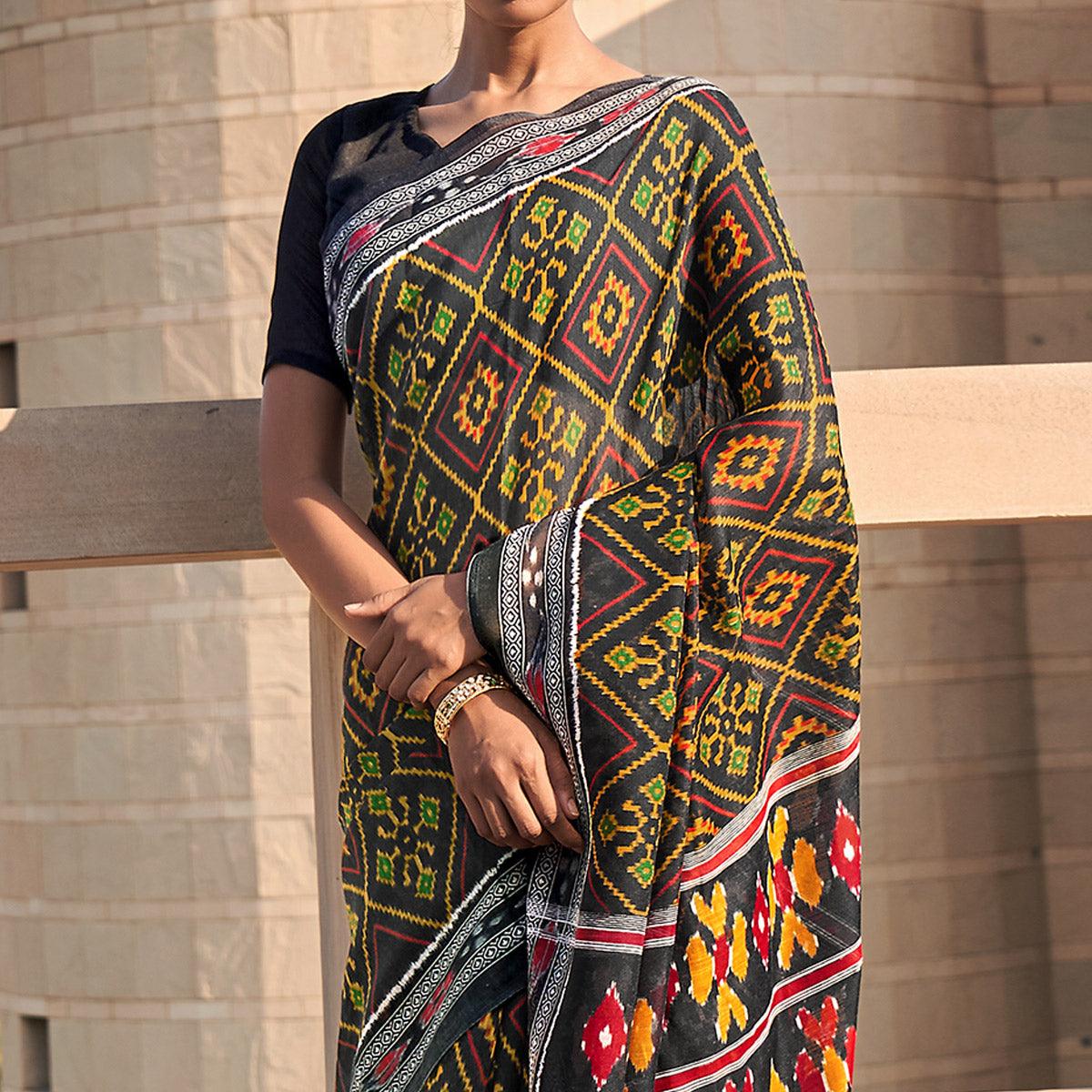Black Printed Poly Cotton Saree - Peachmode