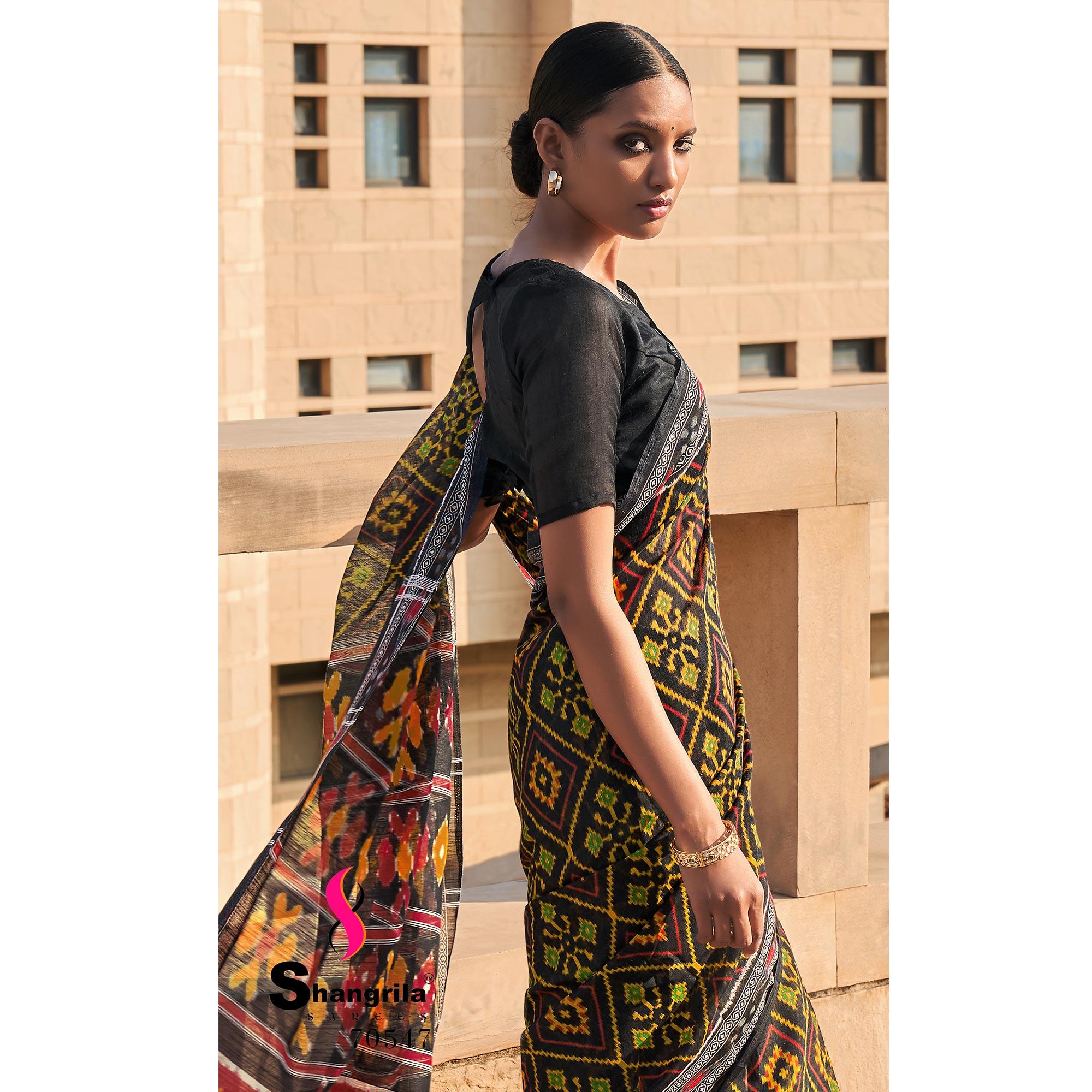 Black Printed Poly Cotton Saree - Peachmode