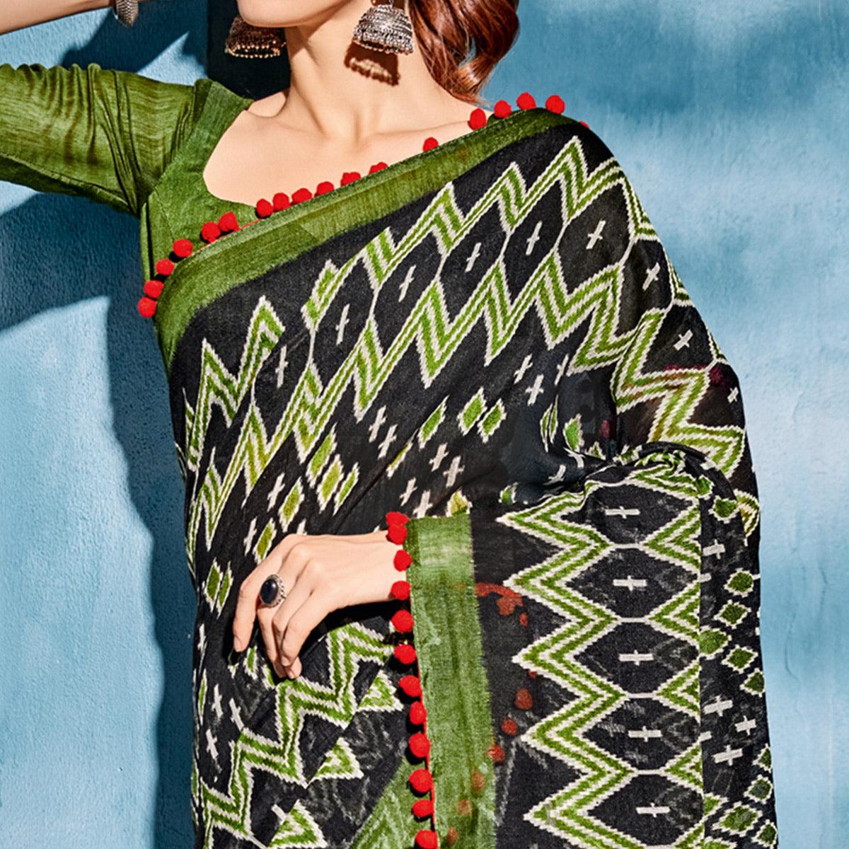 Black Printed Poly Cotton Saree With Pumpum Lace - Peachmode