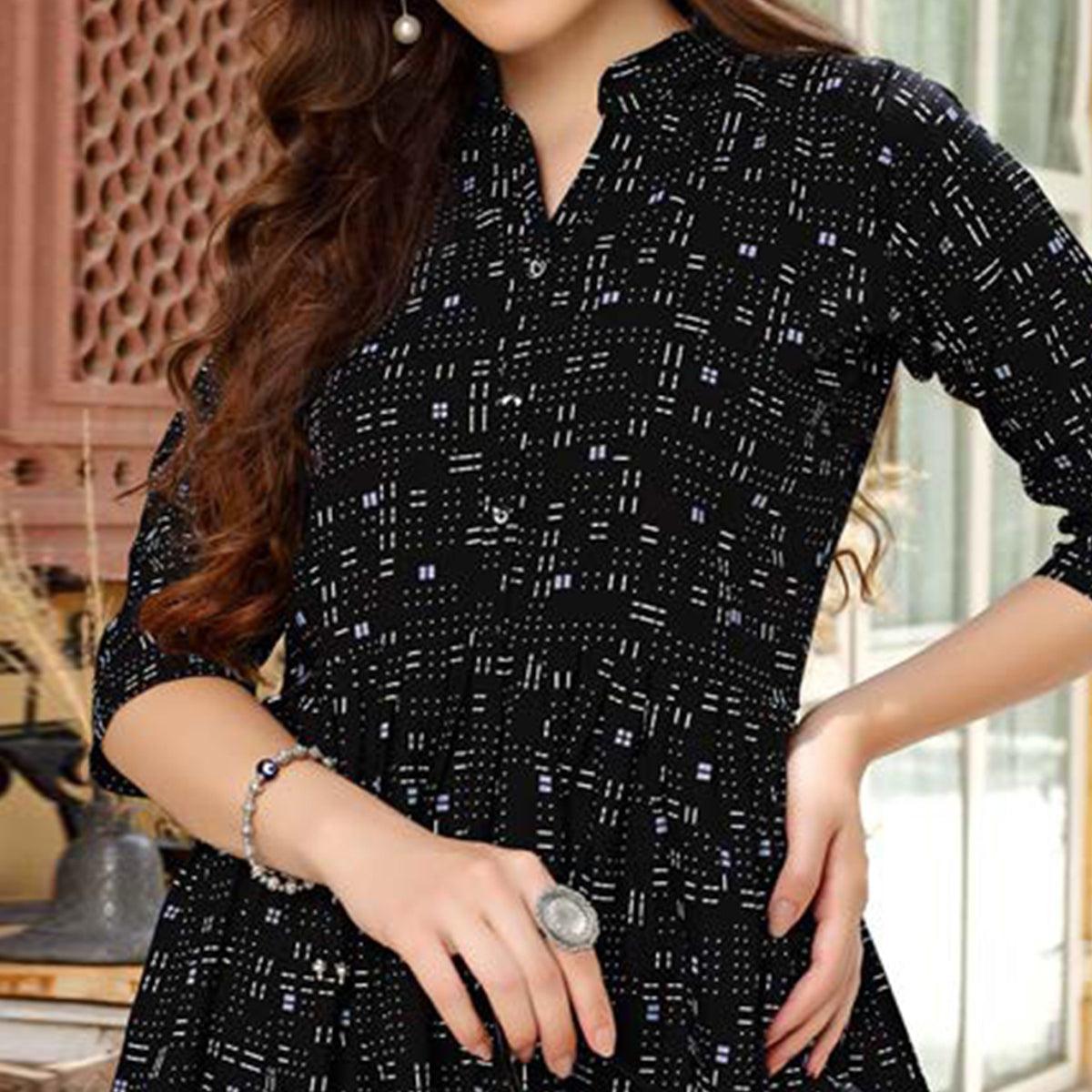 Black Printed Poly Cotton Top - Peachmode