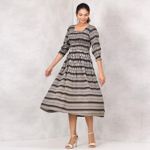 Black Printed Pure Cotton Dress - Peachmode