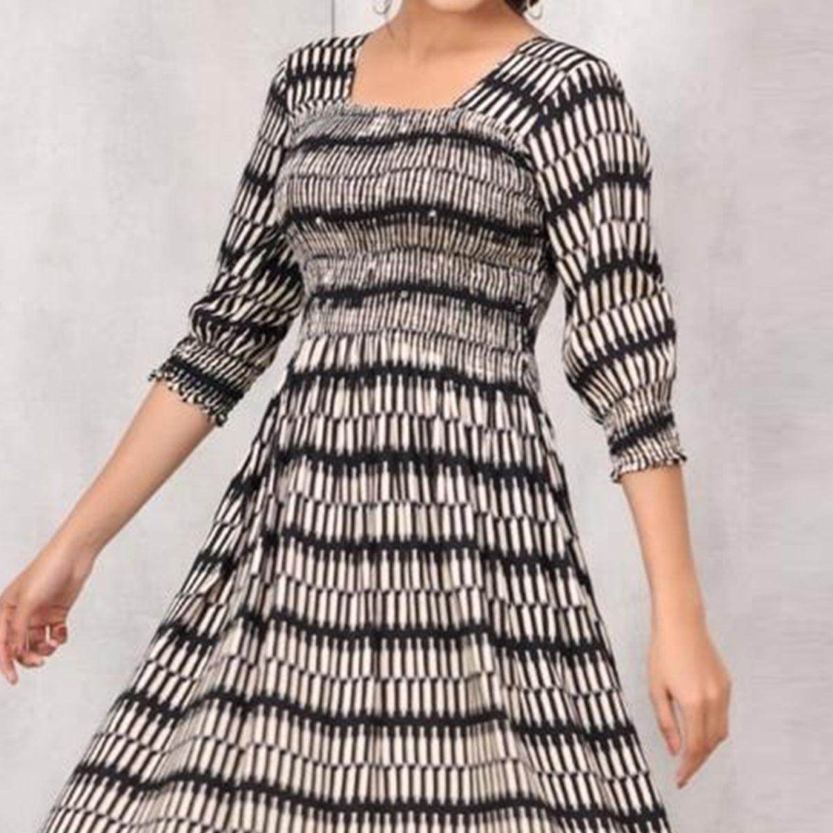 Black Printed Pure Cotton Dress - Peachmode