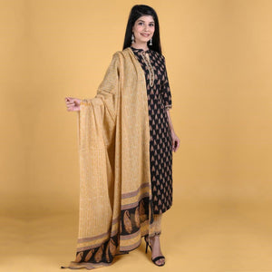 Black Printed Pure Cotton Kurti-Pant Set With Dupatta - Peachmode