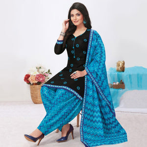 Black Printed Pure Cotton Patiala Dress Material - Peachmode