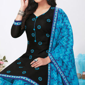 Black Printed Pure Cotton Patiala Dress Material - Peachmode