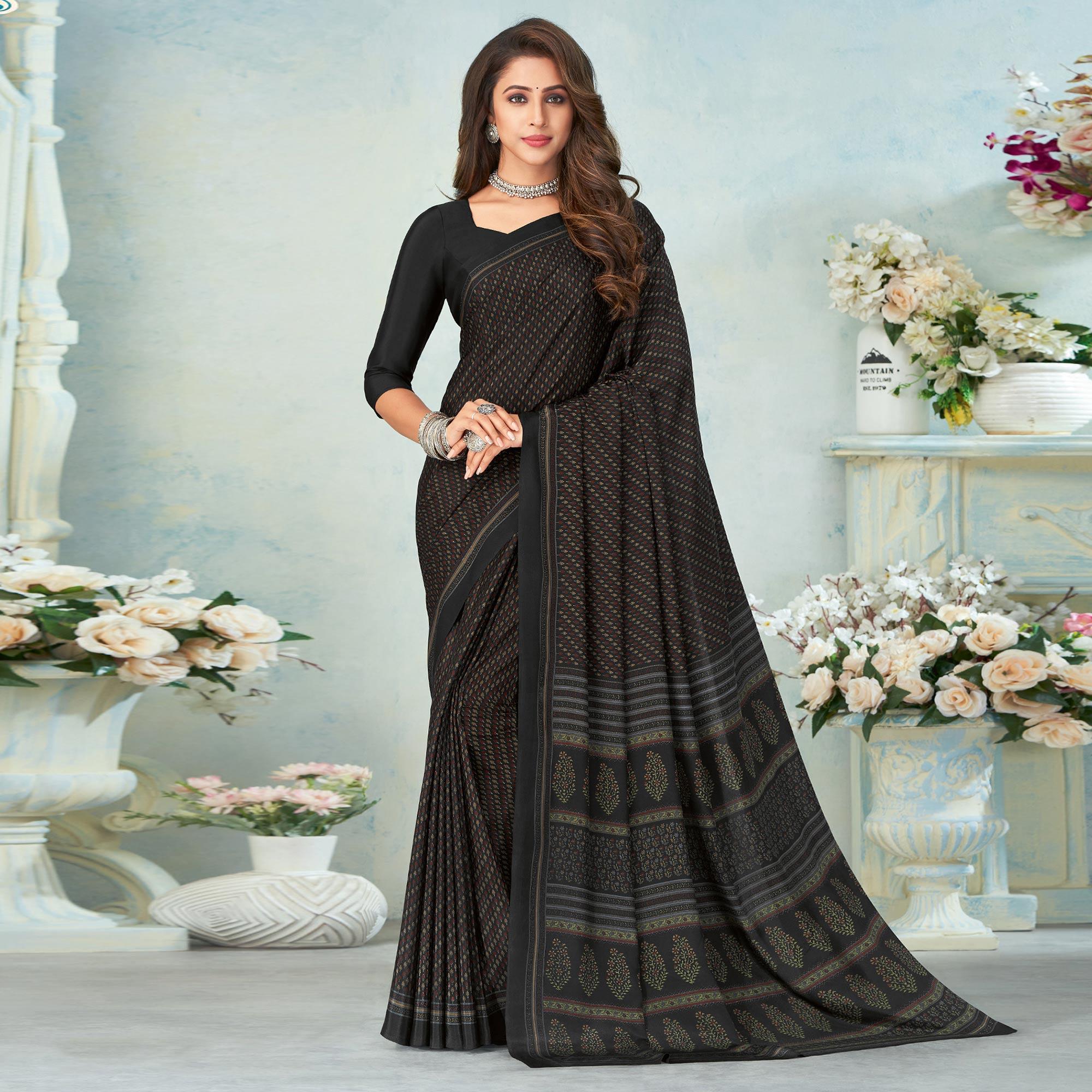 Black Printed Raw Silk Saree - Peachmode