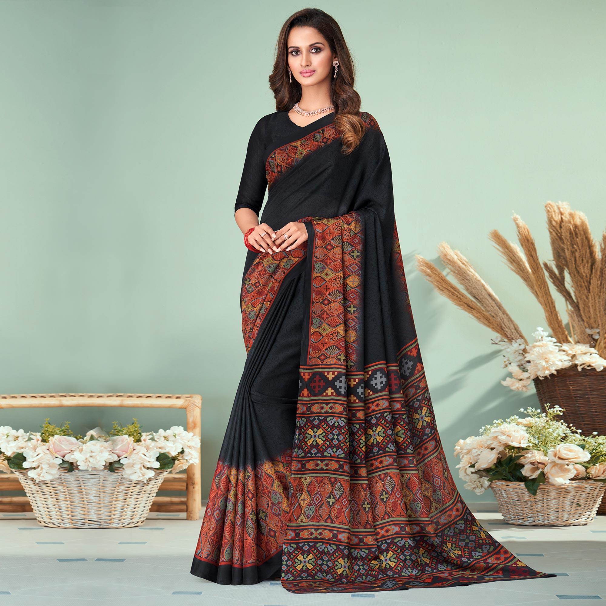 Black Printed Raw Silk Saree - Peachmode
