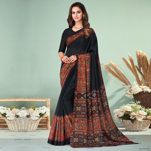 Black Printed Raw Silk Saree - Peachmode