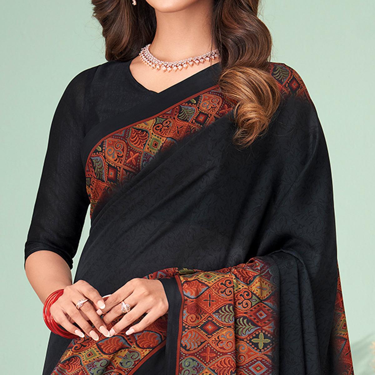 Black Printed Raw Silk Saree - Peachmode