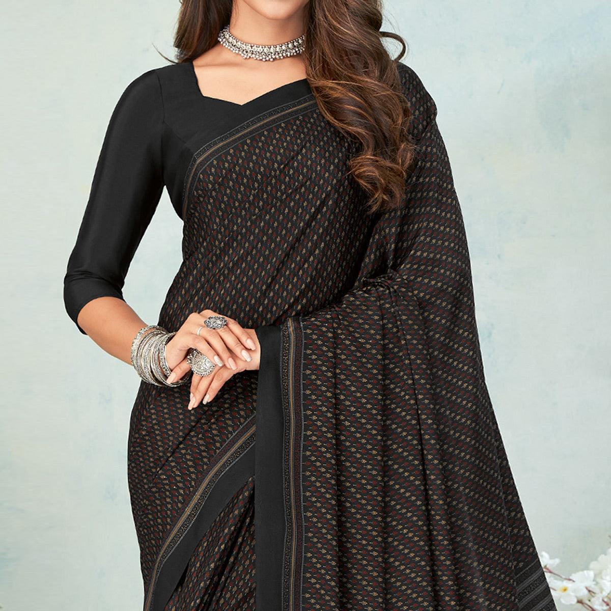 Black Printed Raw Silk Saree - Peachmode