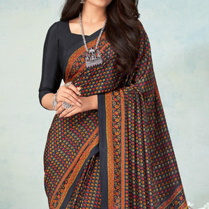 Black Printed Raw Silk Saree - Peachmode