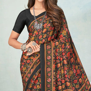 Black Printed Raw Silk Saree - Peachmode