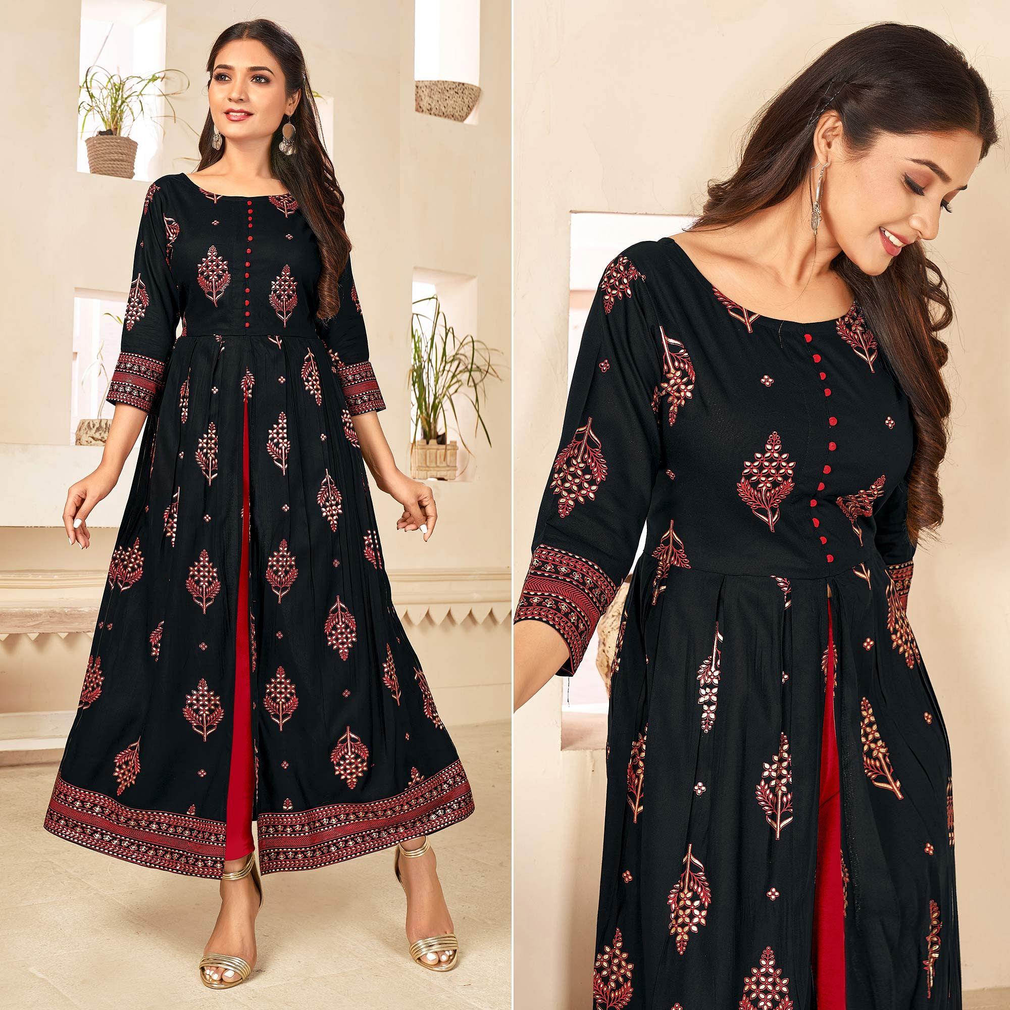 Black Printed Rayon Anarkali Kurti - Peachmode