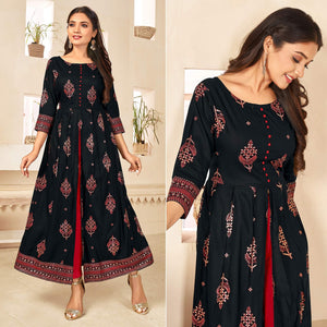 Black Printed Rayon Anarkali Kurti - Peachmode