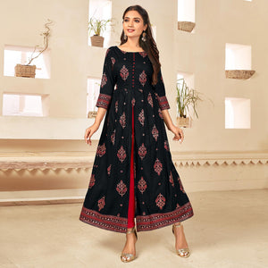 Black Printed Rayon Anarkali Kurti - Peachmode
