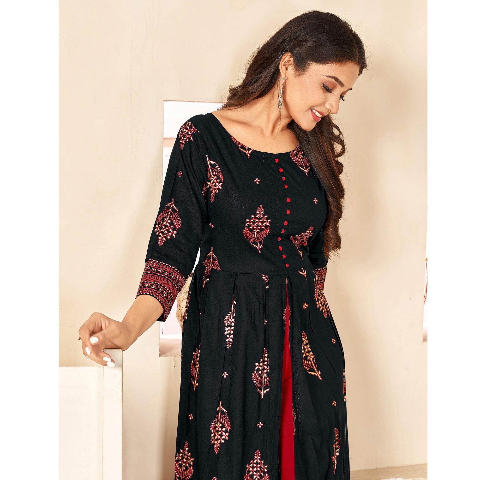 Black Printed Rayon Anarkali Kurti - Peachmode