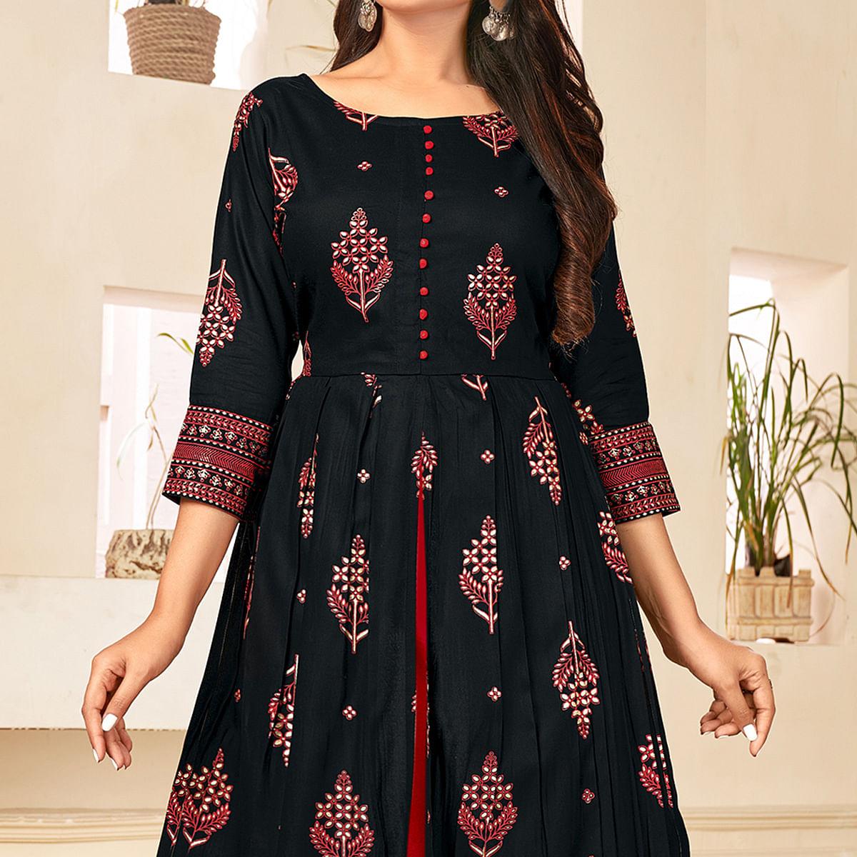 Black Printed Rayon Anarkali Kurti - Peachmode