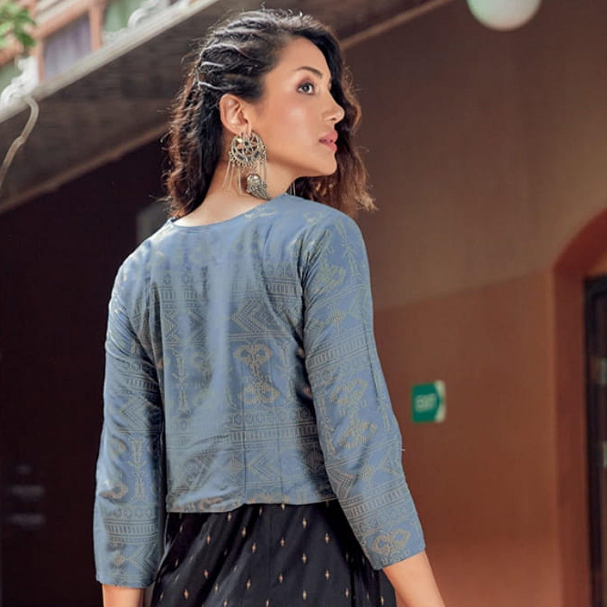 Black Printed Rayon Anarkali Kurti - Peachmode